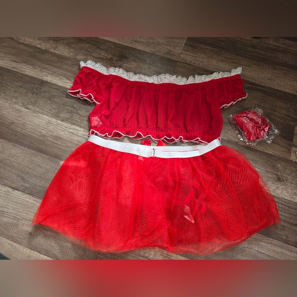 New Lingerie Maid Cosplay Red and White Lace Trim Costume 5 Piece Set Witchy - Picture 7 of 11